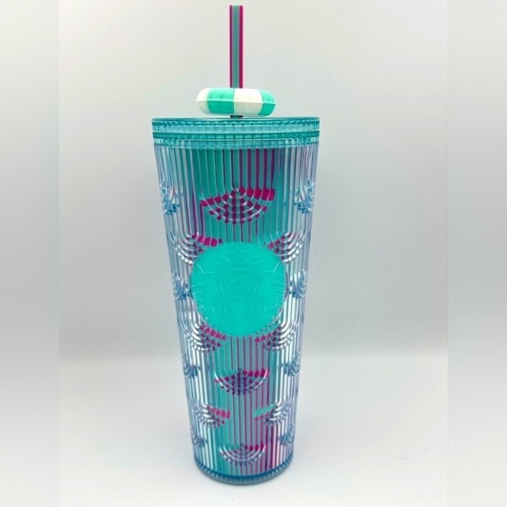 NWT 2025 Starbucks Summer Beach Pool Floaty Straw Topper Pink Blue 24 oz